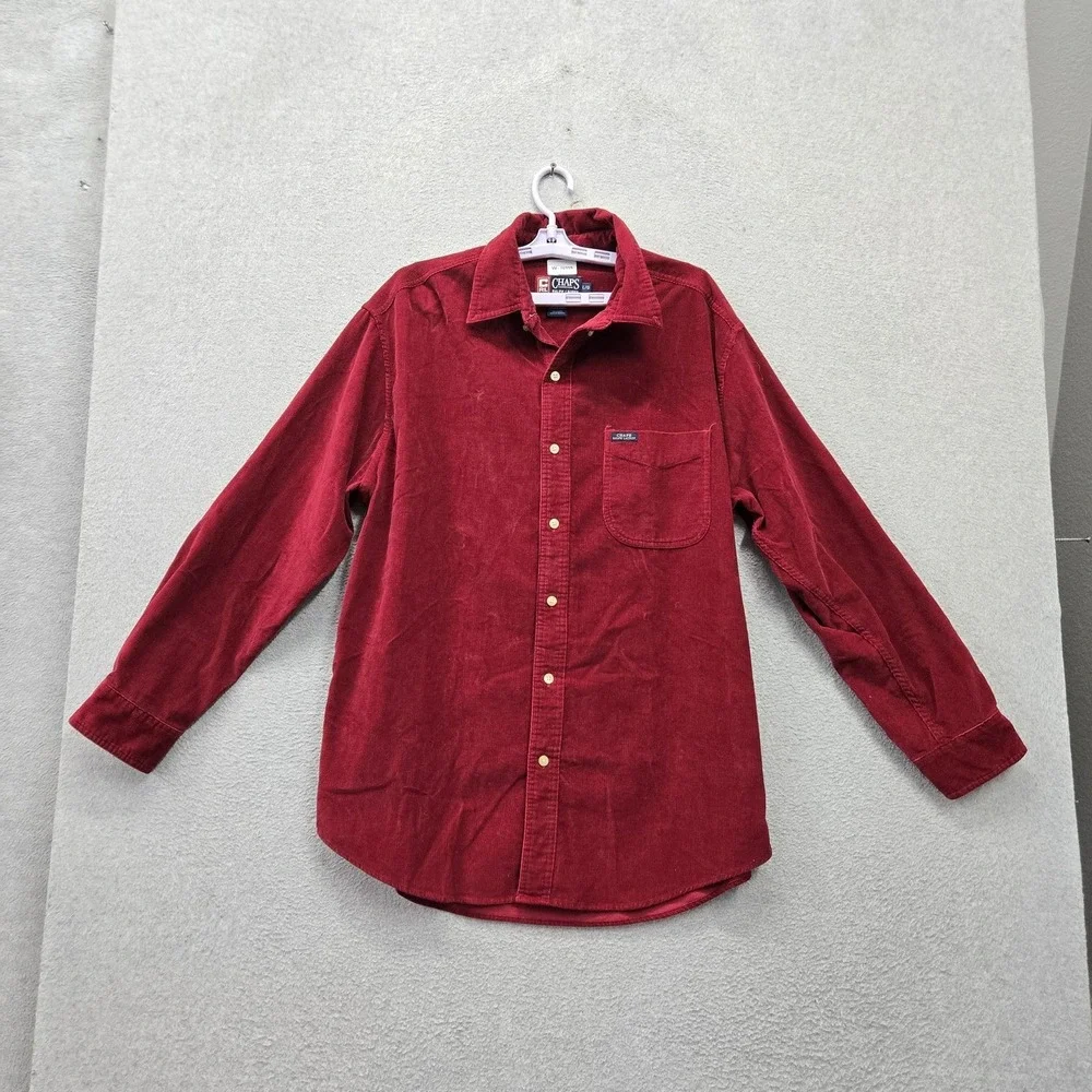 Chaps Ralph Lauren Men Button Up Shirt L Red Corduroy Logo Long Sleeve Pocket